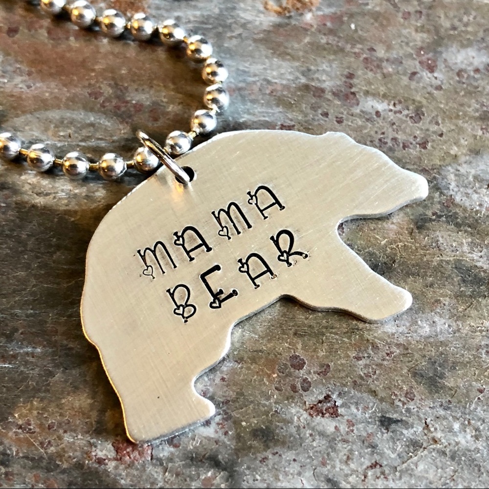 Hand Stamped MAMA BEAR Mother Necklace Silver Aluminum 24”